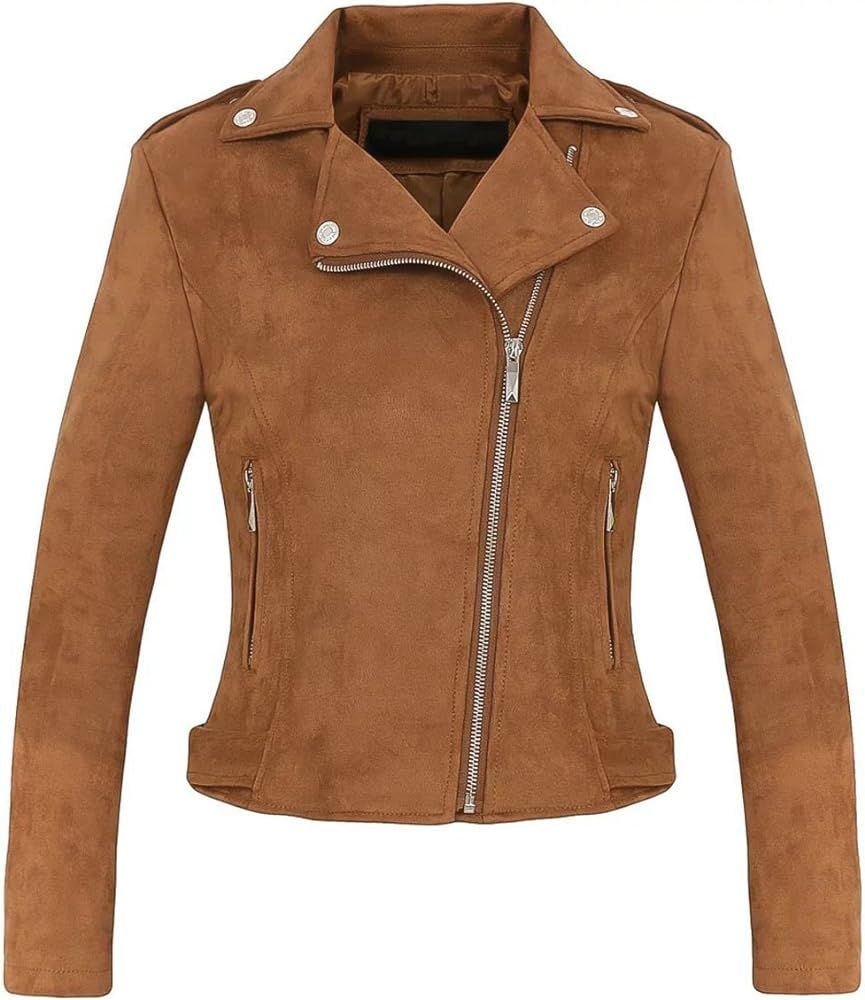 CHARTOU Women's Stylish Notched Collar Oblique Zip Suede Leather Moto Jacket | Amazon (US)