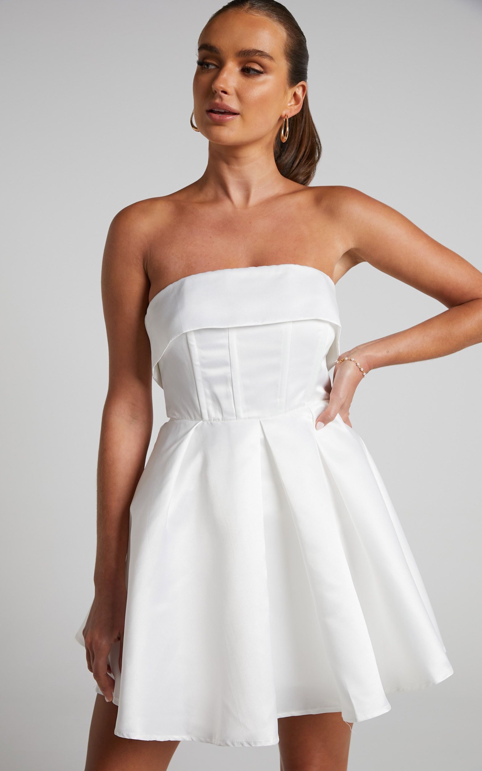 Valora Mini Dress - Strapless Fit and Flare Satin Dress in Ivory | Showpo (US, UK & Europe)