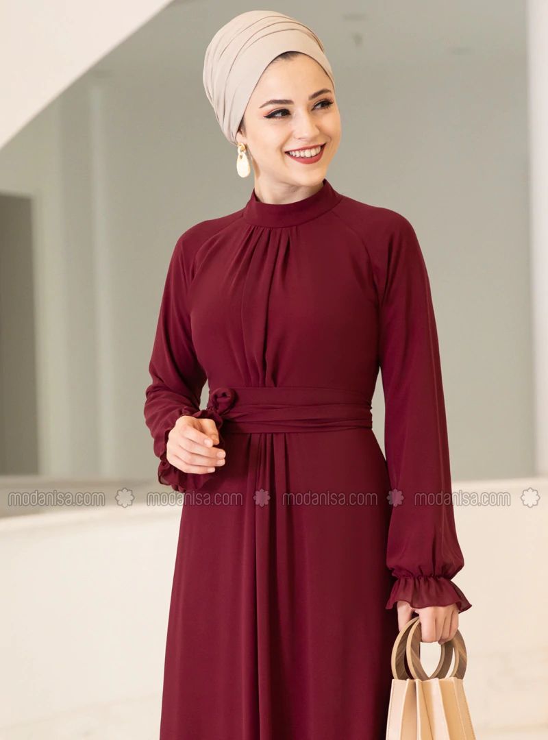 Maroon - Fully Lined - Crew neck - Chiffon - Muslim Evening Dress | Modanisa (US)