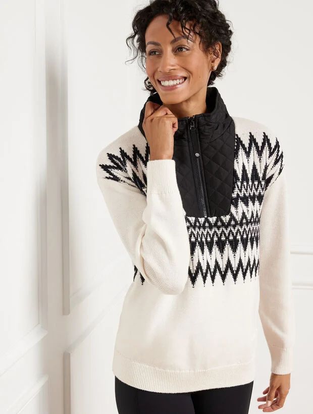 Chevron Quilted Neckline Half-Zip Sweater | Talbots