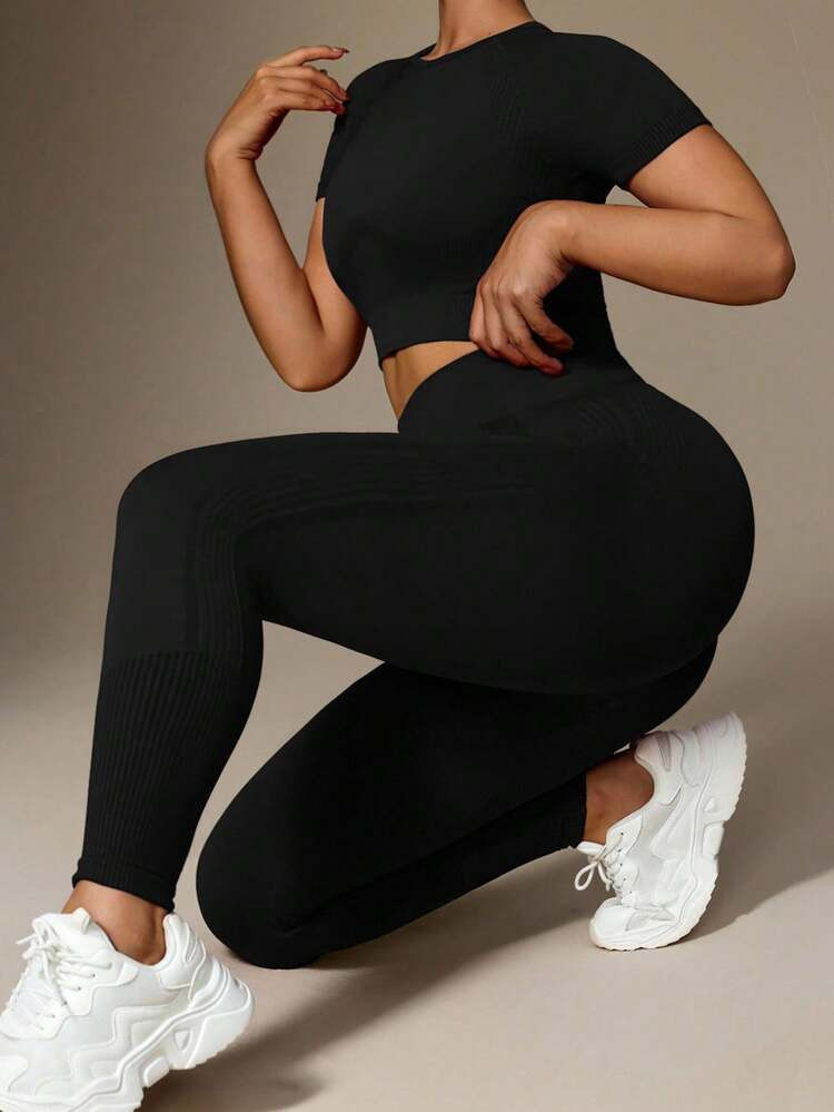 Rhythm Era Plus Size Women's Solid Color Cropped Fitted Short Sleeve Top And Leggings Sports Suit, Summer Workout Sets | SHEIN