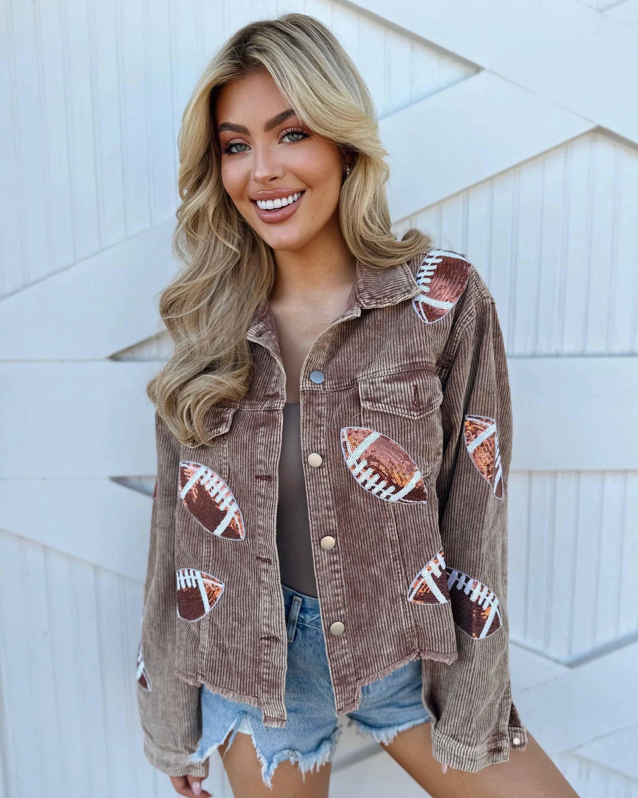 Mocha Corduroy Sequin Football Cropped Jacket | Live Love Gameday®
