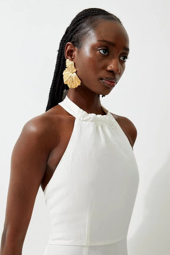 Viscose Linen Woven Tiered Halter Maxi Dress | Karen Millen UK + IE + DE + NL