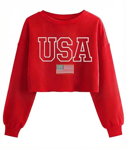 USA Flag Sweatshirts for Women: Embroidered 4th of July Shirts Long Sleeve Patriotic Crop Sweatsh... | Amazon (US)