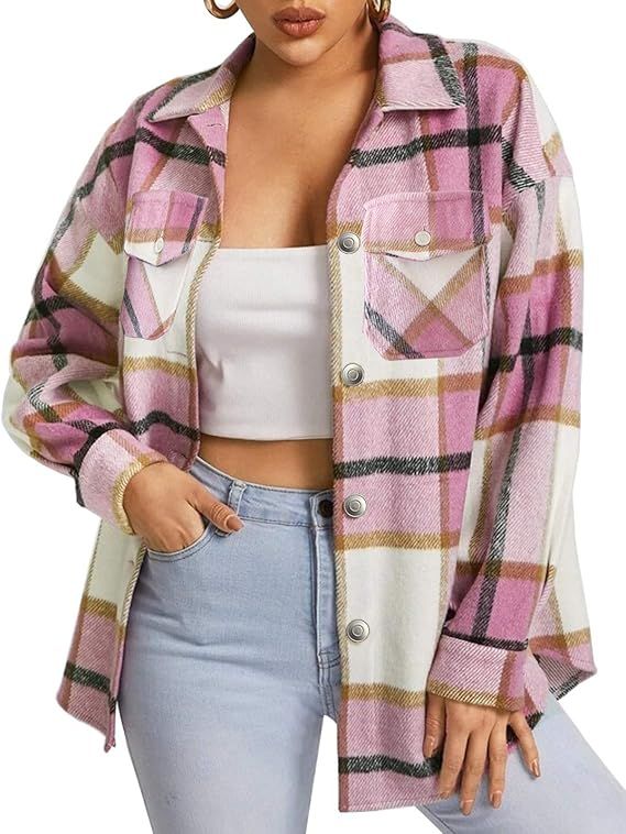 Locachy Women's Casual Plaid Button Down Wool Blend Long Sleeve Jackets Outerwear | Amazon (US)