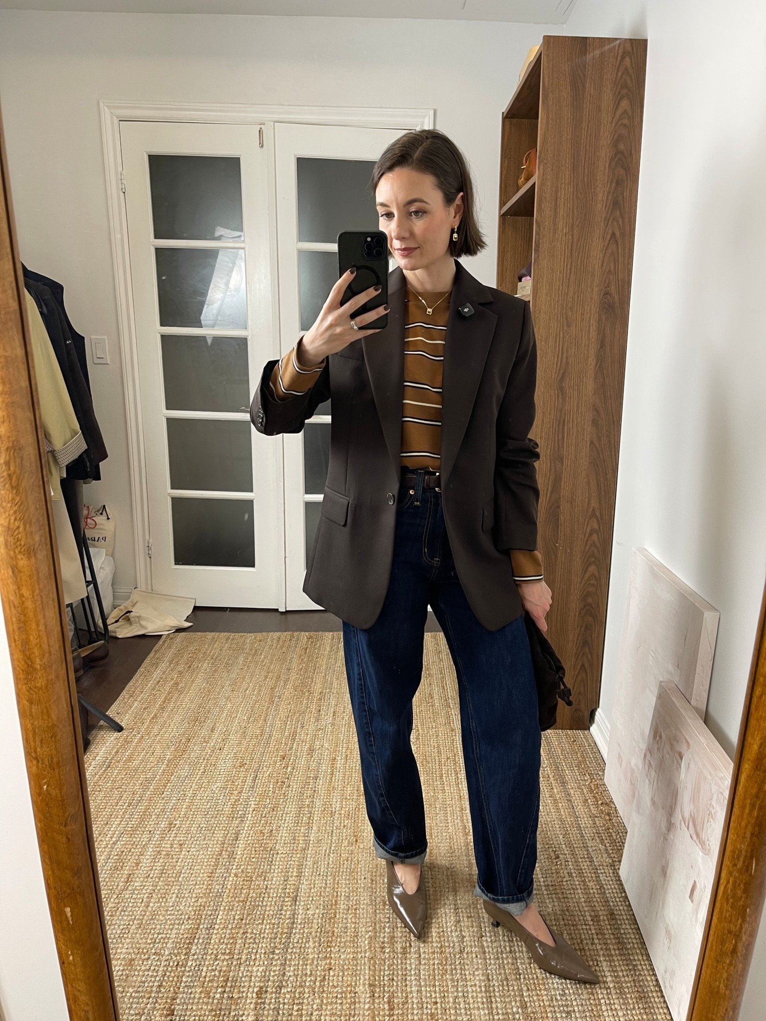 Striped tee, barrel jeans, pointed heels, brown blazerr

#LTKWorkwear #LTKFindsUnder100 #LTKSeasonal