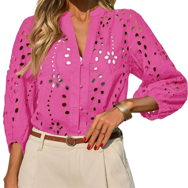 Women 3/4 Sleeve Casual V-neck Blouse Hollow-out Button Tops | Walmart (US)