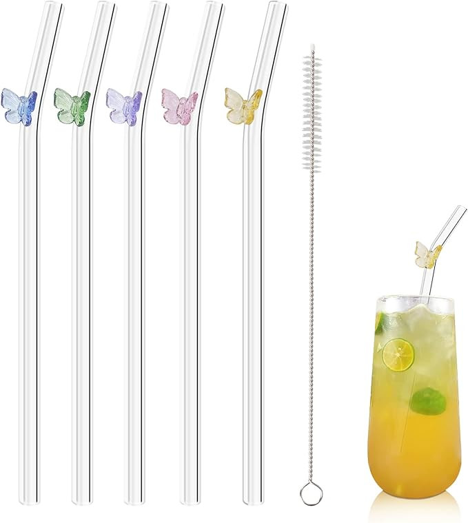 5 Pcs Reusable Straws Clear Glass Straws Colorful Butterfly Design Size 7.8" x 8mm with 1 Cleanin... | Amazon (US)