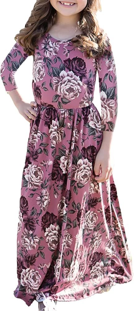 21KIDS Girl Maxi Dress Floral 3/4 Long Sleeve Dresses with Pocket for Girls 6-12 Years | Amazon (US)