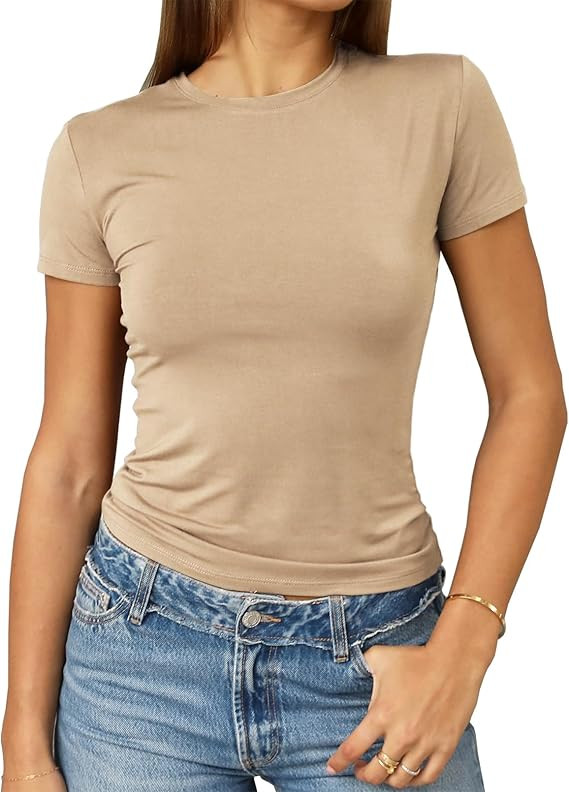 Abardsion Women's Casual Basic Going Out Crop Tops Slim Fit Short Sleeve Crew Neck Tight T Shirts... | Amazon (US)