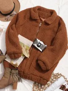 Slip Pockets Faux Fur Teddy Coat   LIGHT BROWN RED WHITE | ZAFUL (Global)