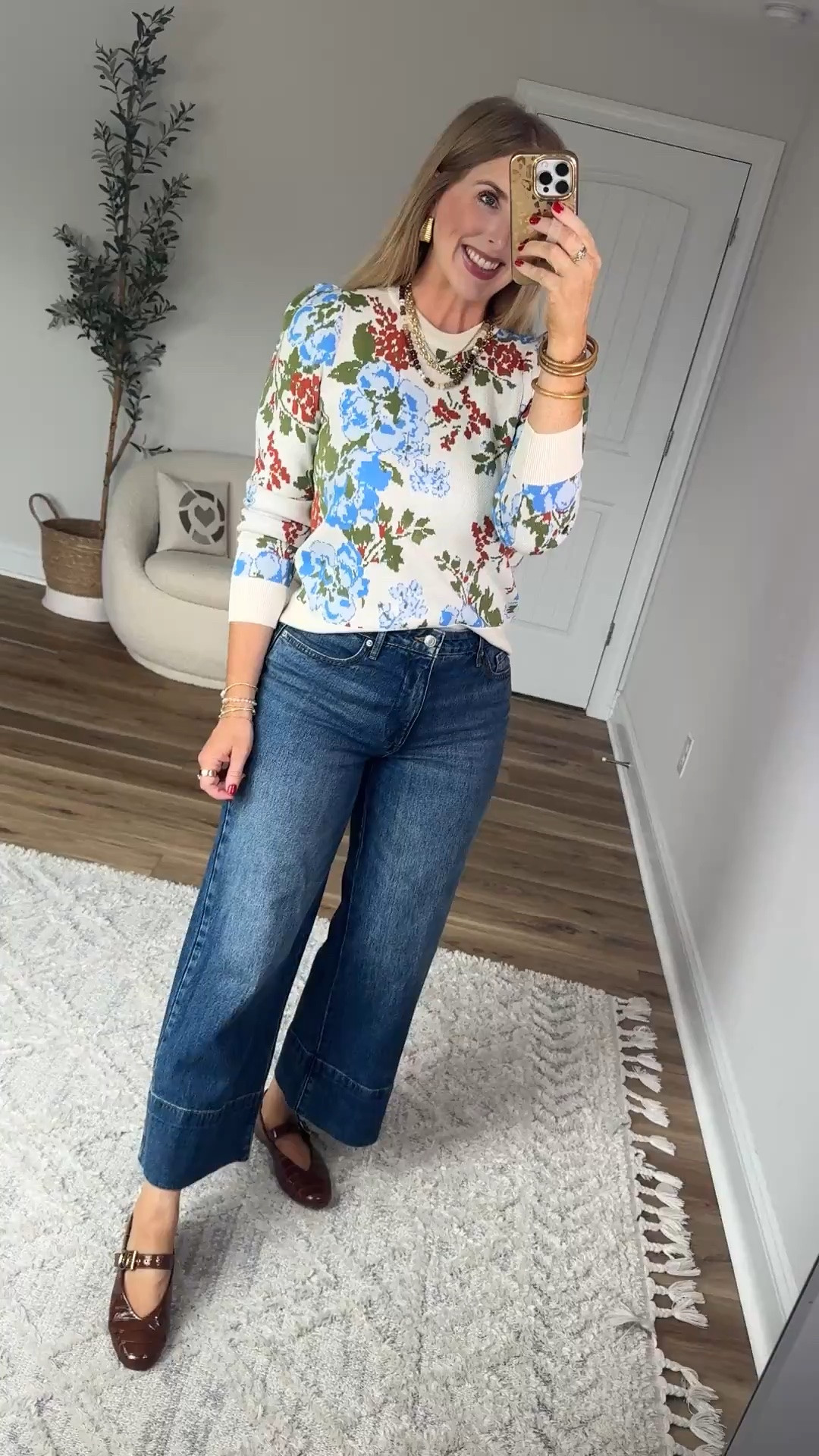 Puff sleeve floral sweater and cropped wide leg jeans from Walmart

#LTKootd #LTKxWalmart