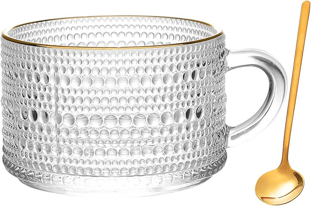 SZHTSWU Vintage Glass Coffee Mug, 14 Ounces Clear Embossed Glass Cup with Gold Rim, Breakfast Cup... | Amazon (US)