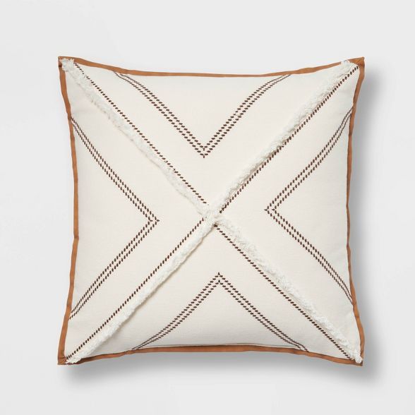 18"x18" Embroidered Square Throw Pillow with Faux Leather Trim Cream - Threshold™ | Target