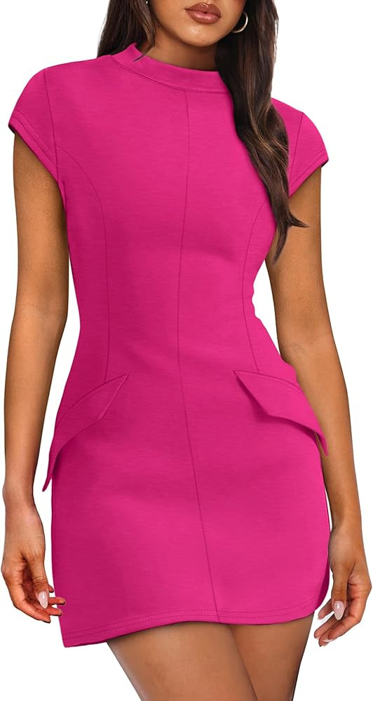 OFEEFAN Womens Summer Dress Mock Neck Short Sleeve Bodycon Party Club Mini Dresses | Amazon (US)