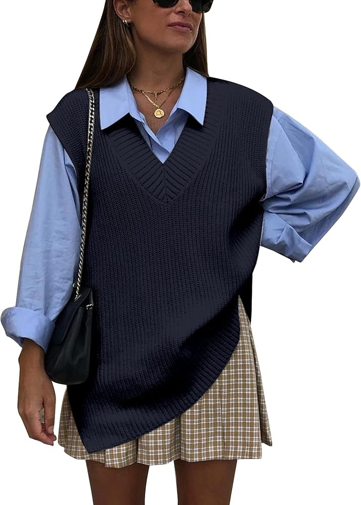 Cowasto Womens Oversized Knit Sweater Vest V Neck Loose Solid Tunic Sleeveless Knitwear Pullover ... | Amazon (US)