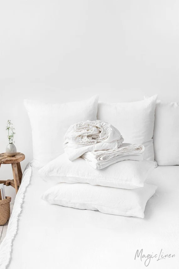 Linen sheet set in White or Ivory color. Fitted sheet, flat sheet, 2 pillowcases. | Etsy (US)