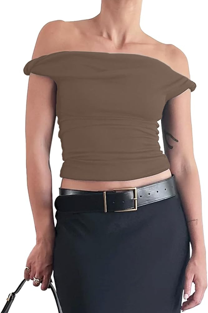 Tankaneo Womens Off The Shoulder Top Sleeveless Slim Fit Stretchy Tank Top Y2k Casual T Shirts | Amazon (US)