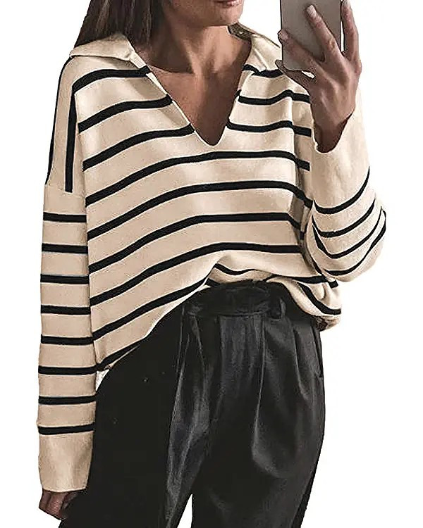 CFLONGE Women's Winter Casual Striped Long Sleeve Polo V Neck Pullover Sweater Loose Fit Drop Sho... | Amazon (US)