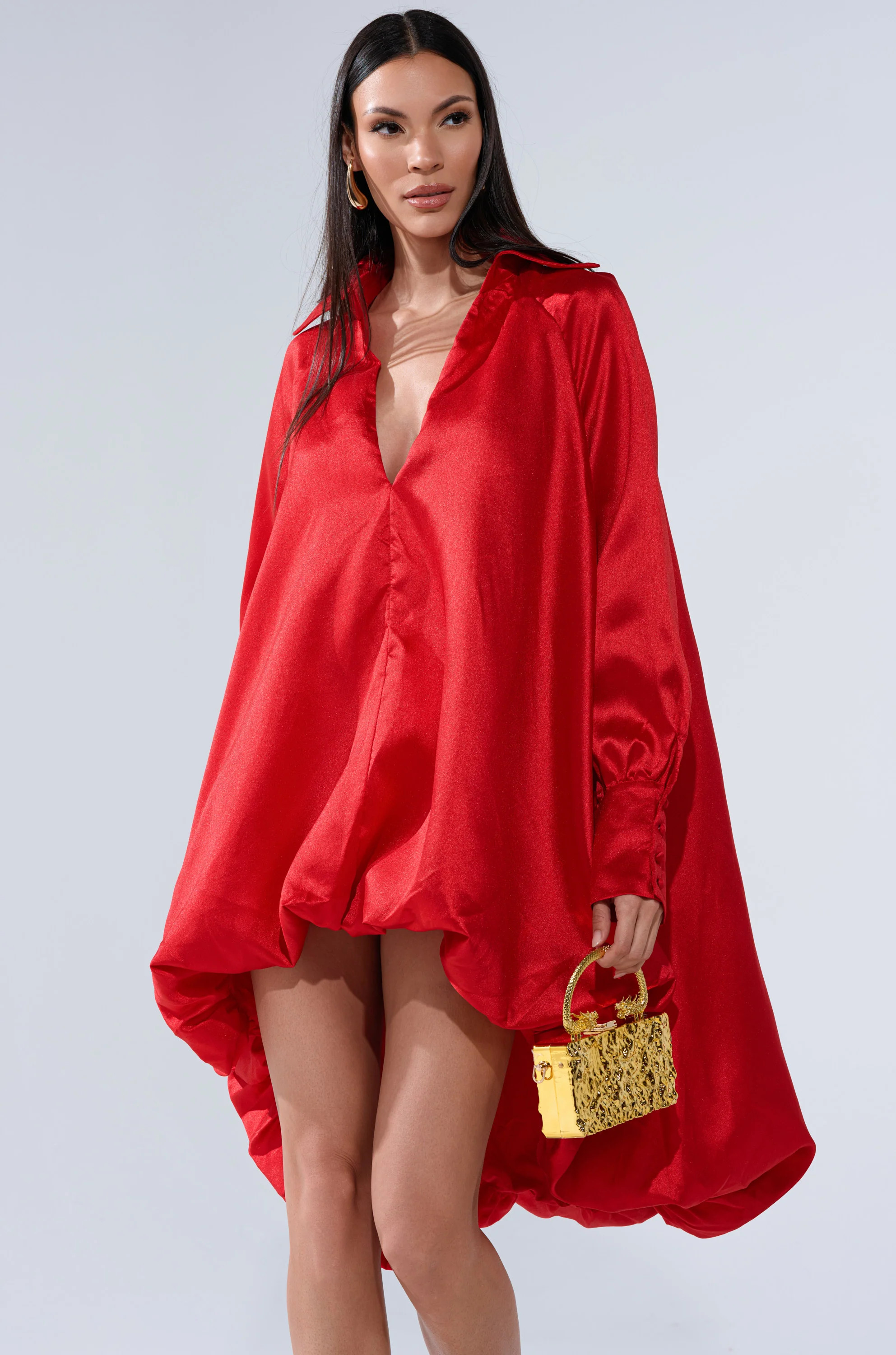 ELOUISE HI LOW DRESS IN RED | AKIRA