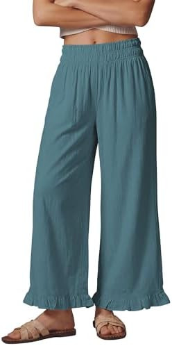 GRAPENT Linen Pants Women Wide Leg Ruffle Hem Pull On High Waisted Elastic Waist Cropped Ankle Ca... | Amazon (US)