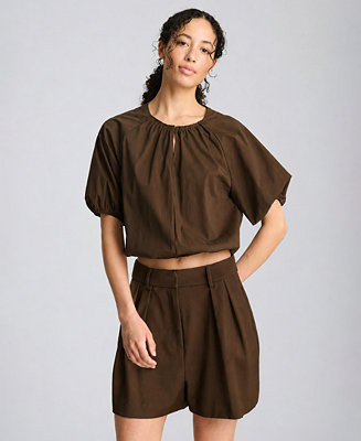 Women's Shirred Crewneck Cropped Bubble Blouse | Macy's
