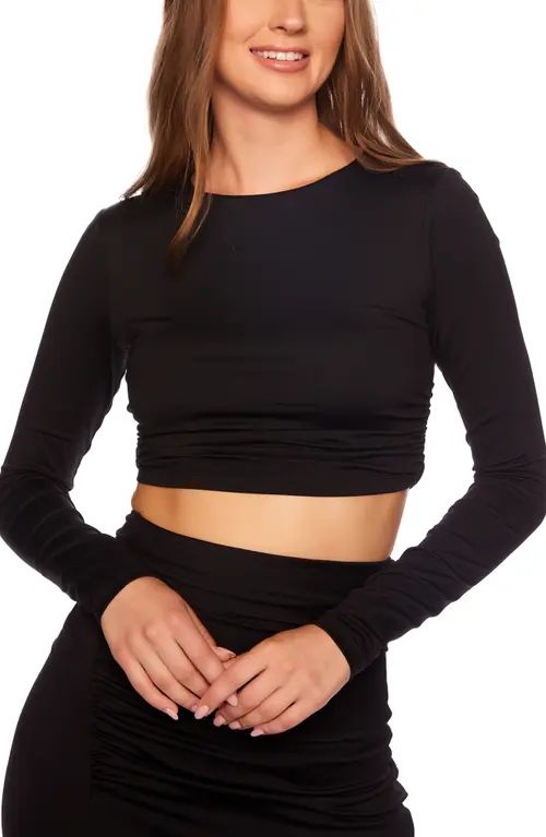 Susana Monaco Shirred Long Sleeve Crop Top in Black at Nordstrom, Size Large | Nordstrom