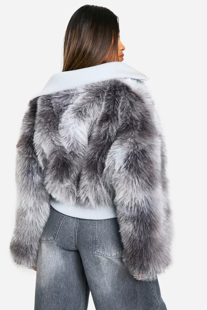 Rib Detail Faux Fur Cropped Jacket | boohoo (US & Canada)