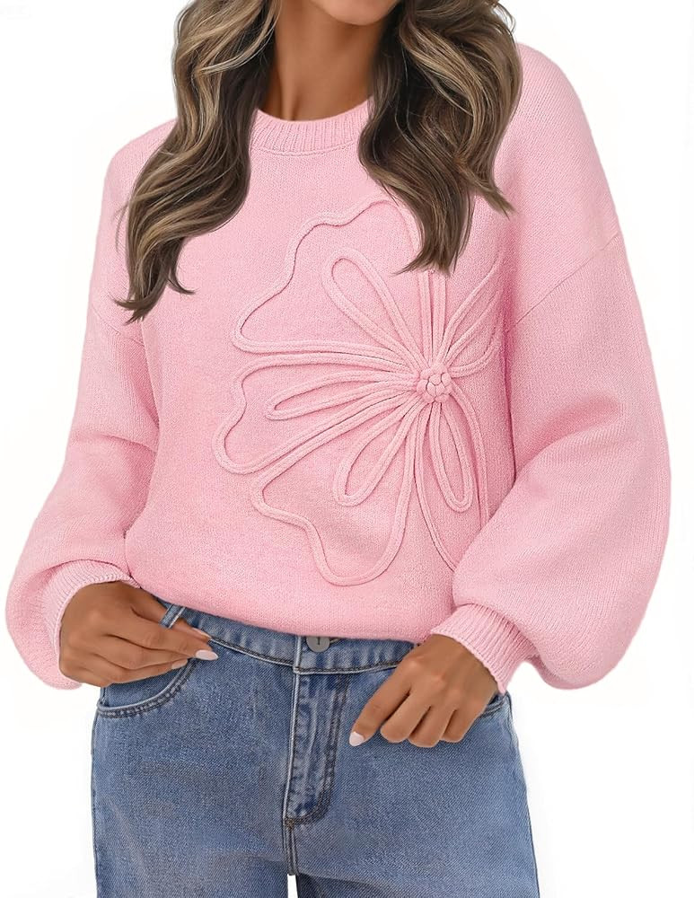 MEROKEETY Women's Floral Sweater Crew Neck Lantern Sleeve 2025 Fall Winter Trendy Warm Chunky Pul... | Amazon (US)