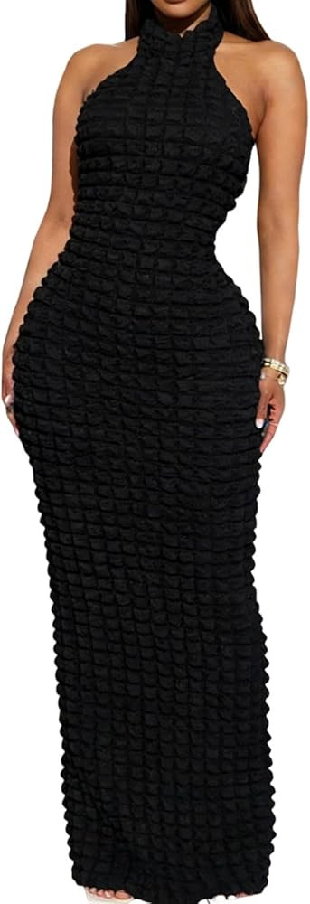 Womens Casual Sexy Halter Sleeveless Sundresses Bubble Textured Backless Prom Cocktail Maxi Dress... | Amazon (US)