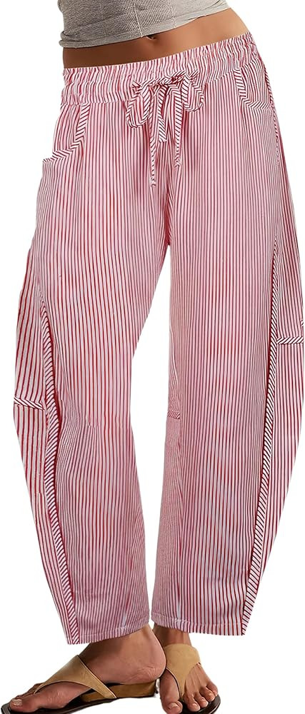 Athlisan Women's Striped Barrel Pants Casual Drawstring Elastic Waisted Wide Leg Baggy Jeans with... | Amazon (US)