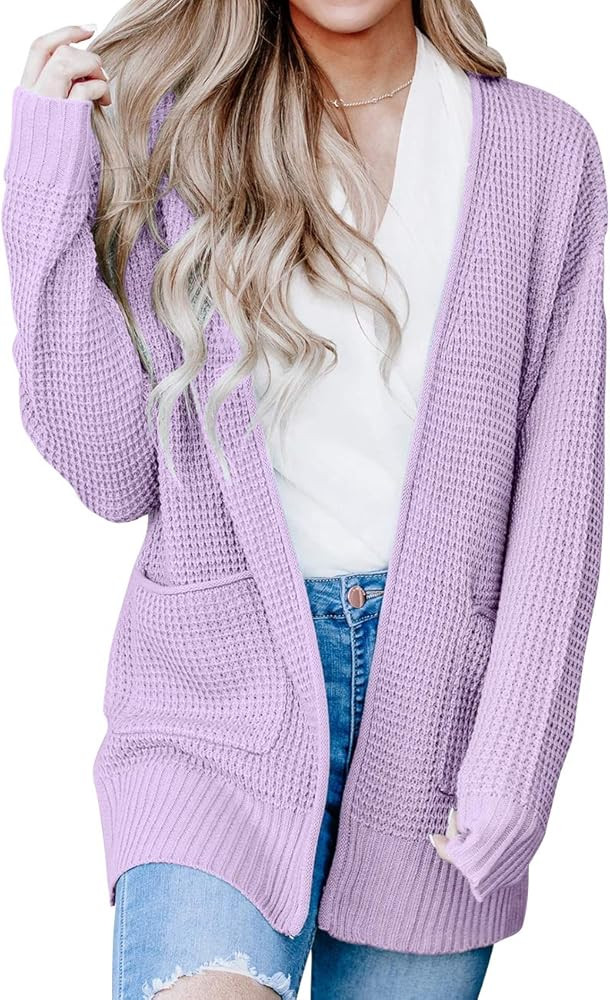 MEROKEETY Womens Long Sleeve Waffle Knit Cardigan Open Front Side Slit Sweater | Amazon (US)