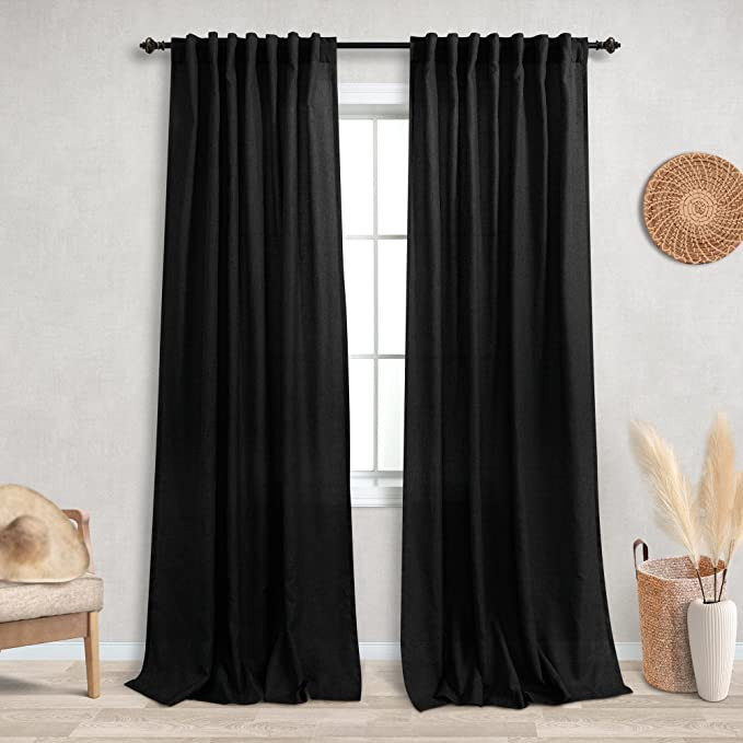 KOUFALL Black Back Tab Rod Pocket Linen Sheer Curtains for Bedroom 52 by 96 Inches Long | Amazon (US)