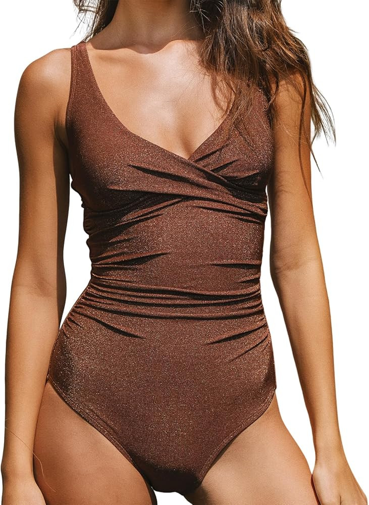 Tummy Control One Piece Swimsuits for Women Slimming Bathing Suits V Neck Twist Push Up Swimwear | Amazon (US)