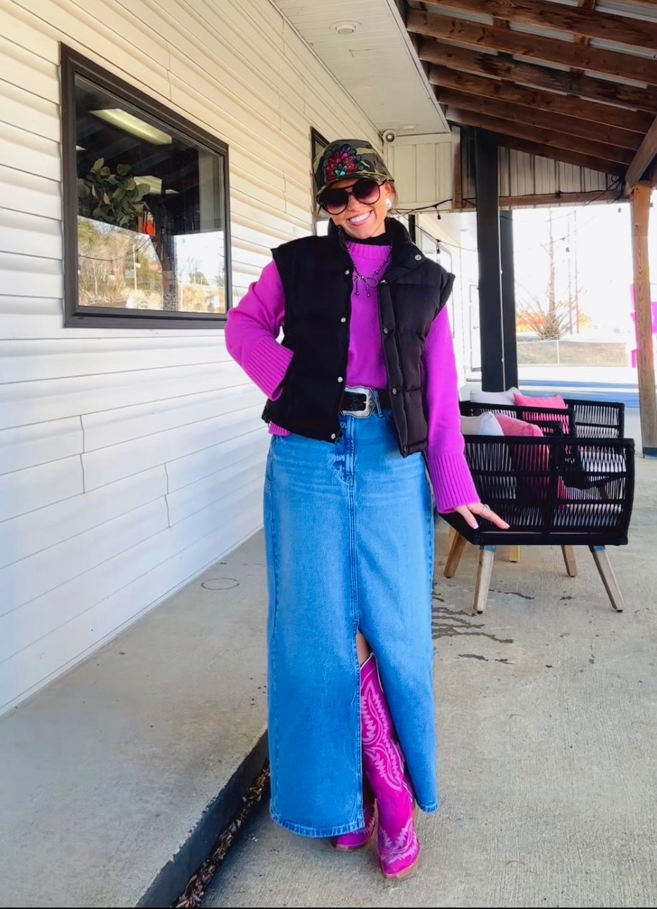 A bright & colorful outfit 🩵🎀🪶✨ 

Outfits. Ootd. Outfit ideas. Pink sweater. Denim skirt. Puffer vest. Trucker hat outfit. Ariat. Cowboy boots. 

#LTKootd