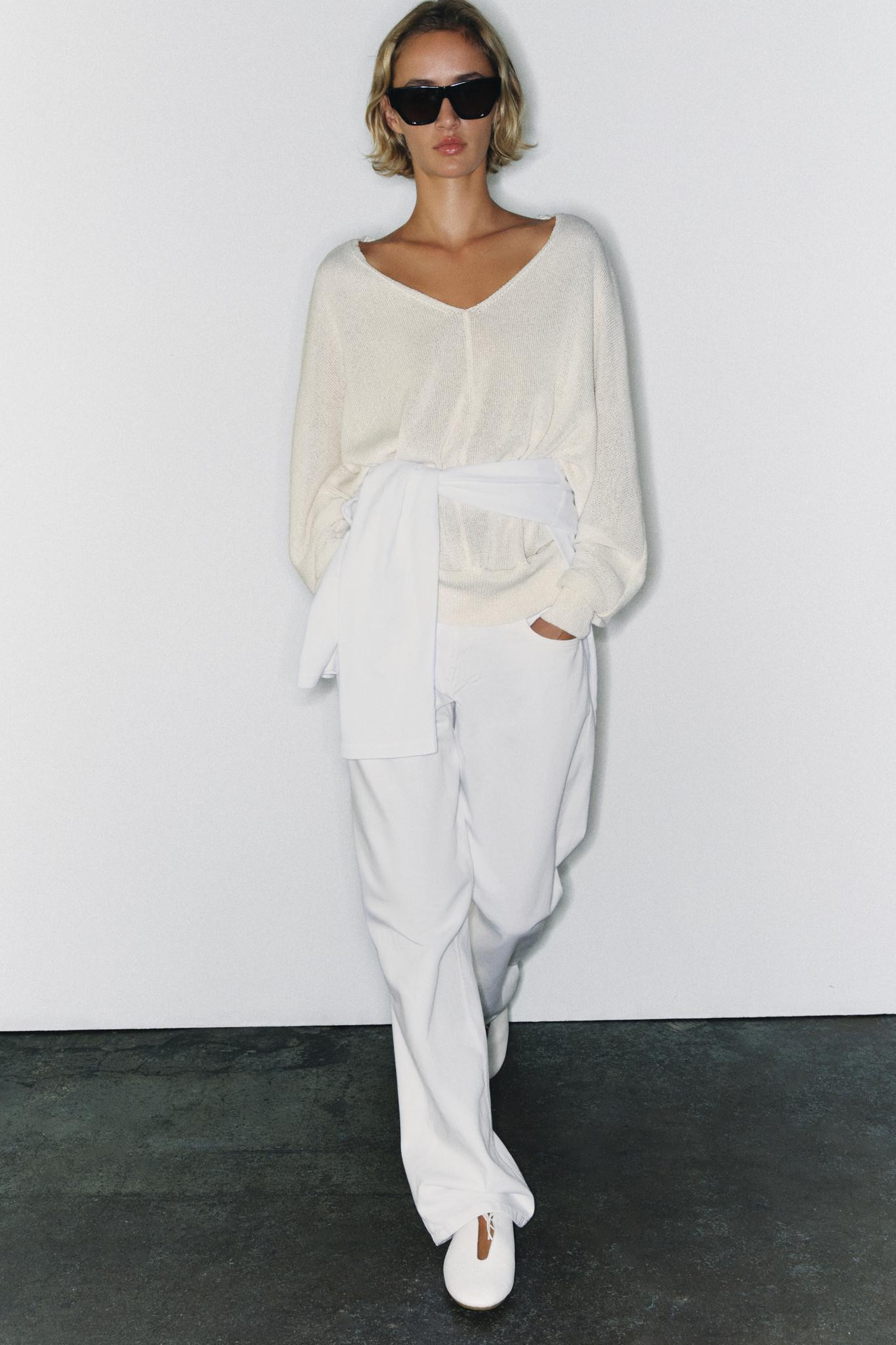 Zara - V-Neck Knit Jumper - Ecru - M - Woman | Zara US