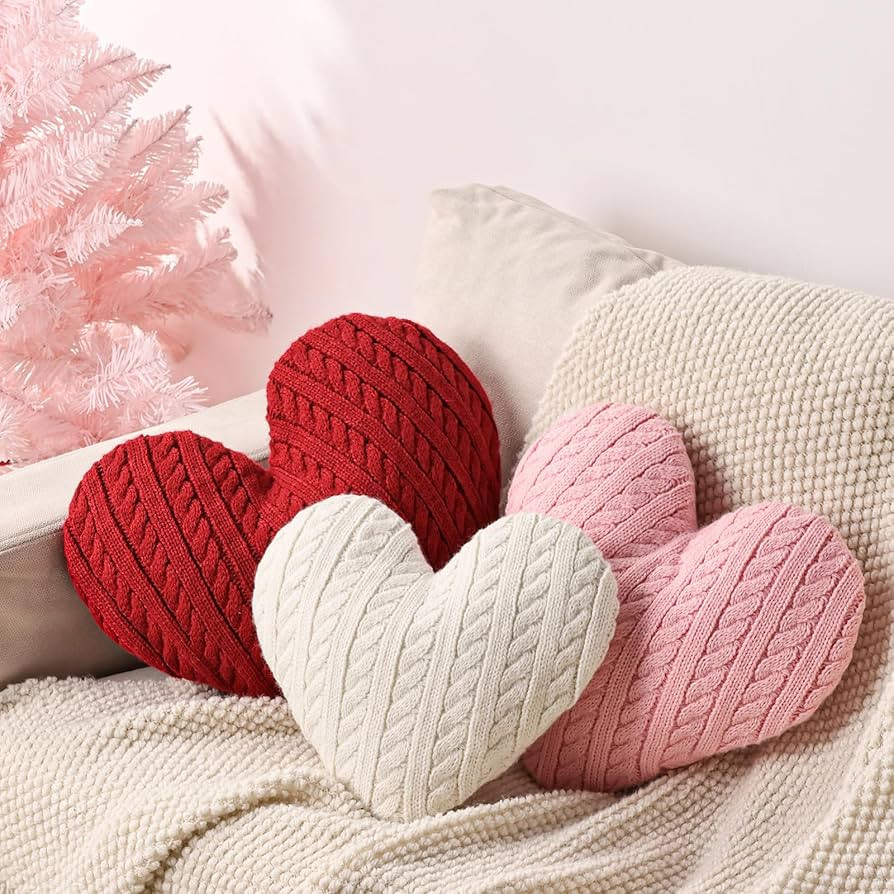 Christmas Pillows: 3 Pack Cable Knit Textured Heart Throw Pillows, Soft Cushions Valentines Pillo... | Amazon (US)