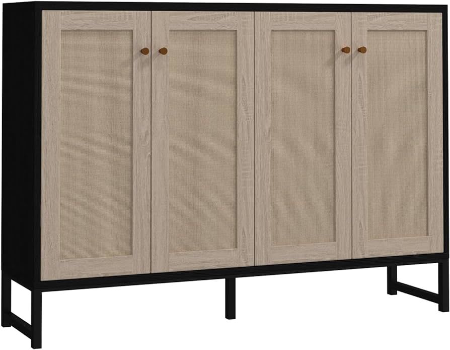 Panana Sideboard Accent Storage Cabinet with Rattan Decorated 4 Doors Dining Room Freestanding Ki... | Amazon (US)