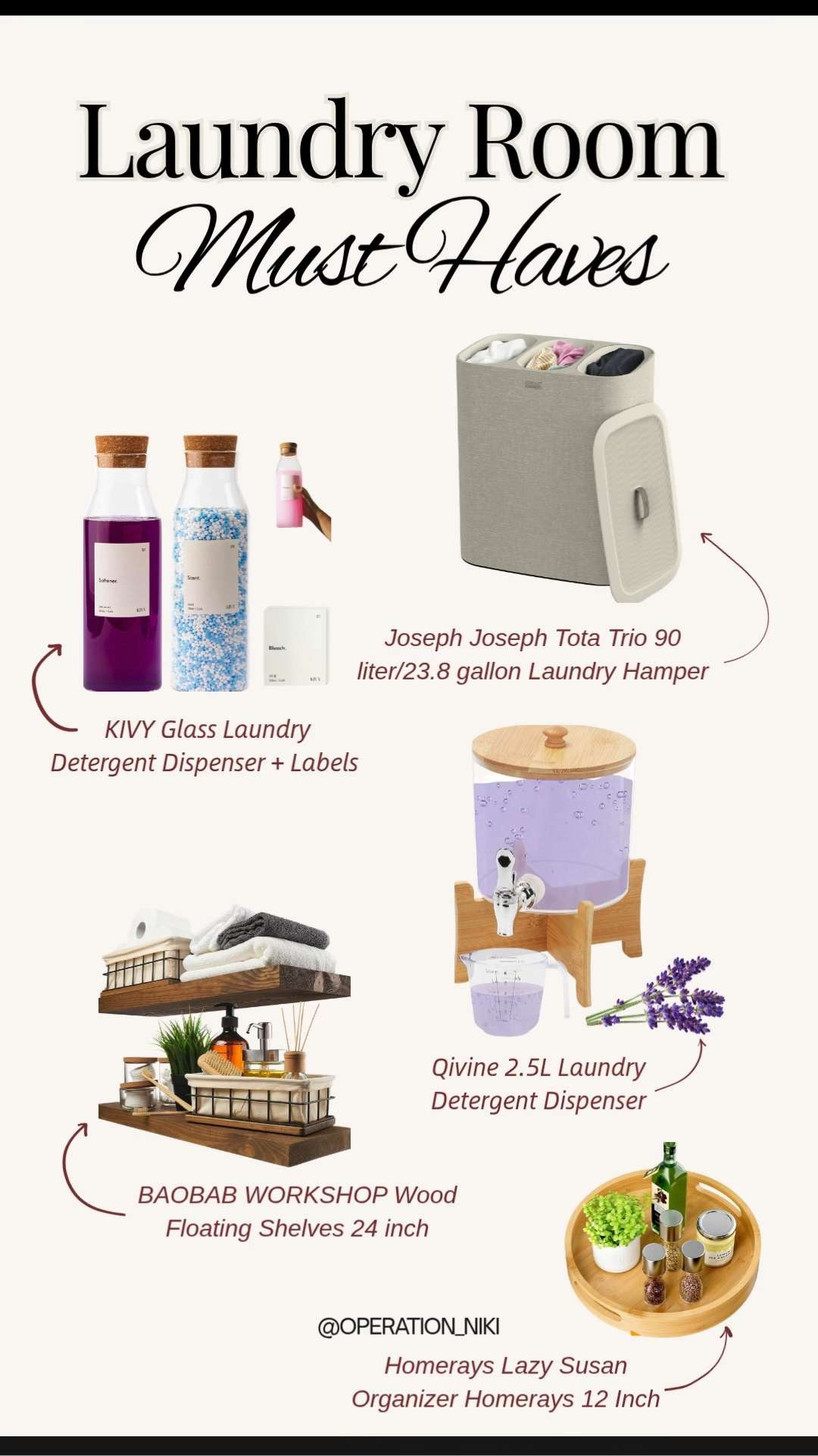 Transform your laundry day routine with these aesthetic Amazon organization favorites. 🧺 Keeping these staples on hand makes fabric care simple, functional, and beautiful.

Streamline your space with smart storage solutions like the Joseph Joseph Tota Trio 90-liter multi-compartment laundry hamper and BAOBAB WORKSHOP wood floating shelves to optimize your wall space. 🪵 For a clean, cohesive look, decant your liquid supplies into the KIVY glass dispensers or the Qivine 2.5L liquid dispenser with a wooden stand. 🧴 Complete your setup with a Homerays 12-inch Lazy Susan organizer to keep small essentials right at your fingertips. ✨

These organizational tools make daily home maintenance a breeze while fitting seamlessly into a modern utility space. ☁️

Follow for more @OPERATION_NIKI on IG, TikTok, & Facebook

#AmazonFinds #LaundryRoomOrganization #HomeOrganization #OperationNiki #OrganizedHome #CleanHome #AmazonHome #HomeMaintenance #UtilityZen #LaundryDay #AestheticHome 

 #LTKHome