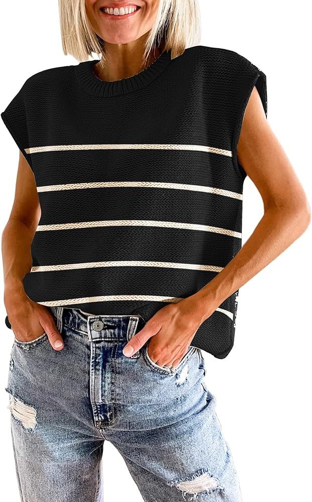 Womens Summer Sweater Vest Cap Sleeve Crew Neck Casual Loose Fit Knit Lightweight Pullover Tank T... | Amazon (US)