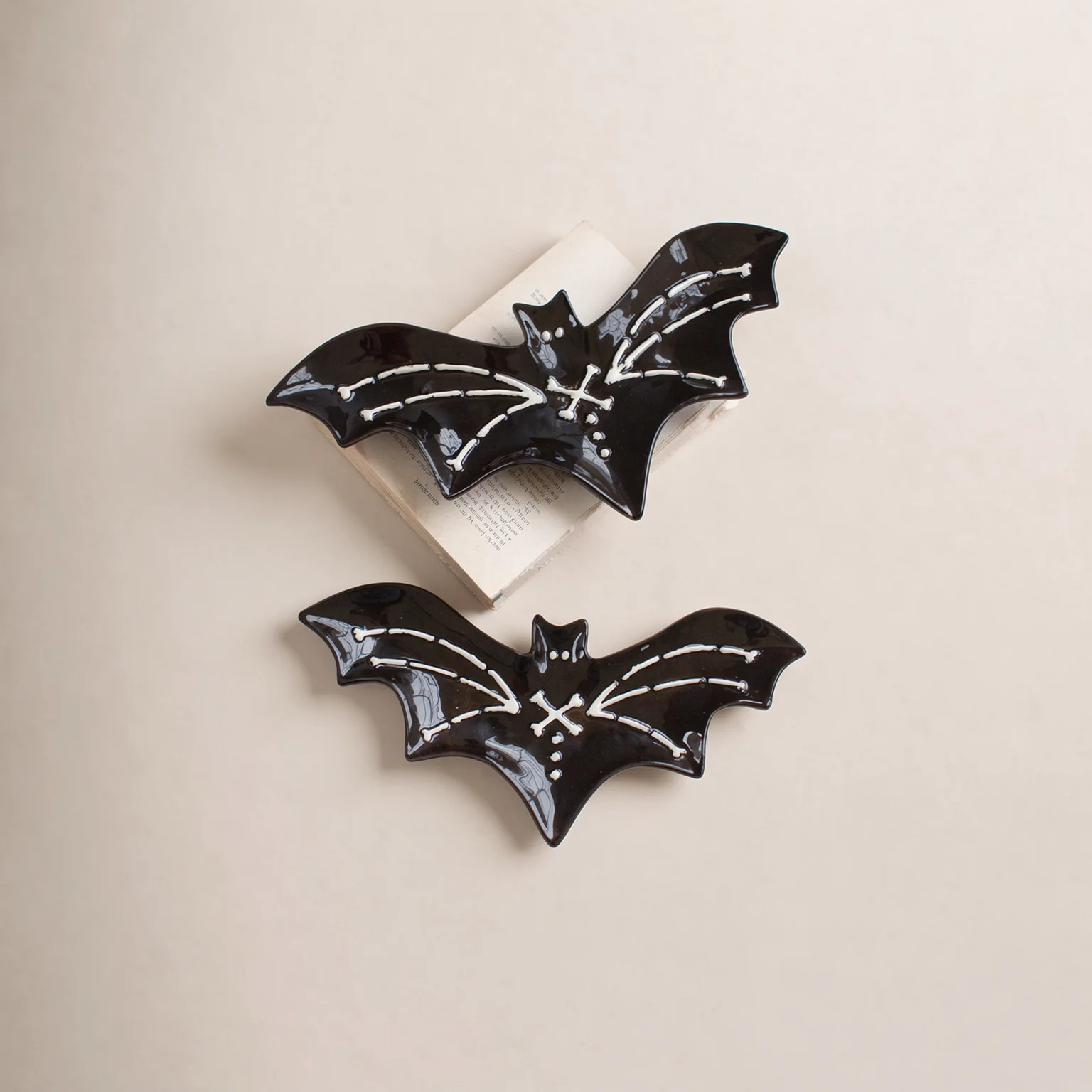 Set of Two Ceramic Serving Platters Bat Design Decorative Serveware for Tabletop Decor Multicolor Glazed Finish | Birch Lane