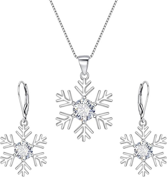 Snowflake Jewelry Set, CZ 925 Sterling Silver Pendant Necklace Set, Leverback Earrings Set | Amazon (US)