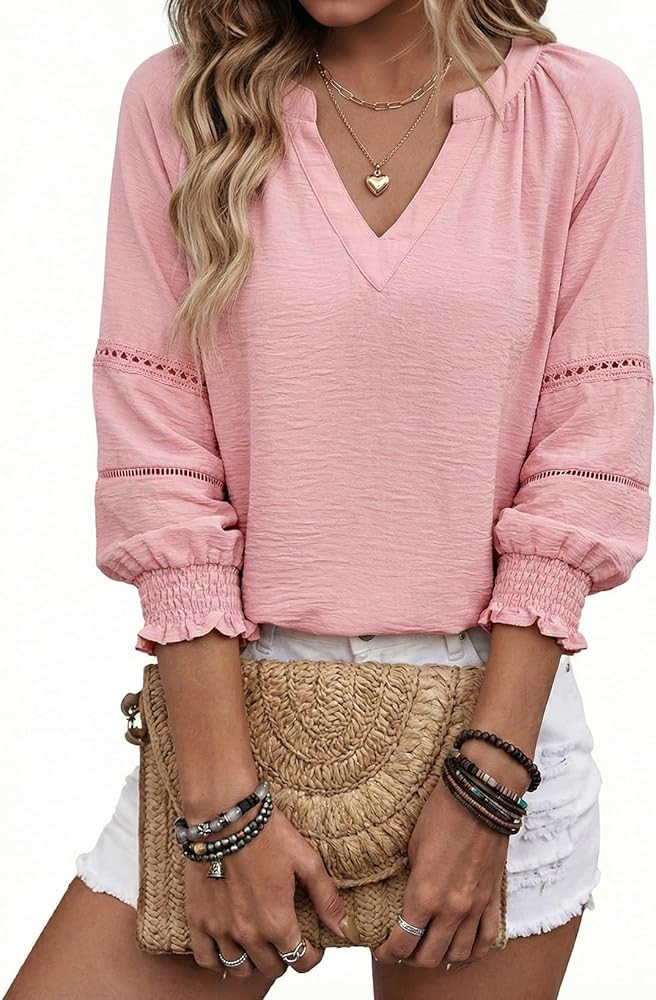 Dokotoo Womens 3/4 Sleeve Tops Pleated Business Casual Outifits V Neck Blouses Office Loose Shirt... | Amazon (US)