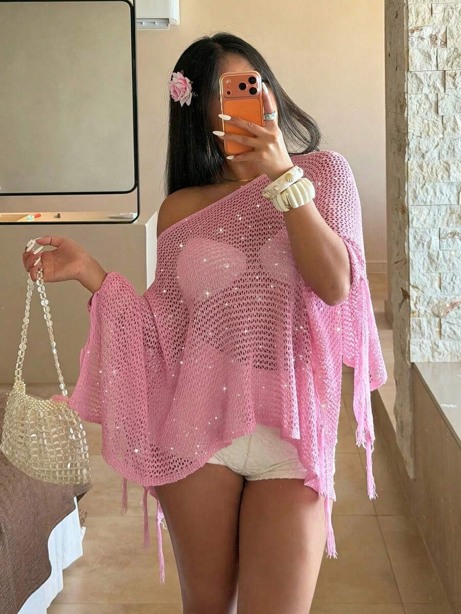 Sunnyshic Women's Pink Beach Cover Up Shiny Top, Sequin Sparkle Cover Up, Sexy Sheer Thin Beach S... | SHEIN