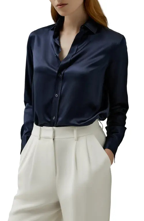 Lilysilk Tailored Button Down Silk Shirt in Navy Blue at Nordstrom, Size 12 | Nordstrom