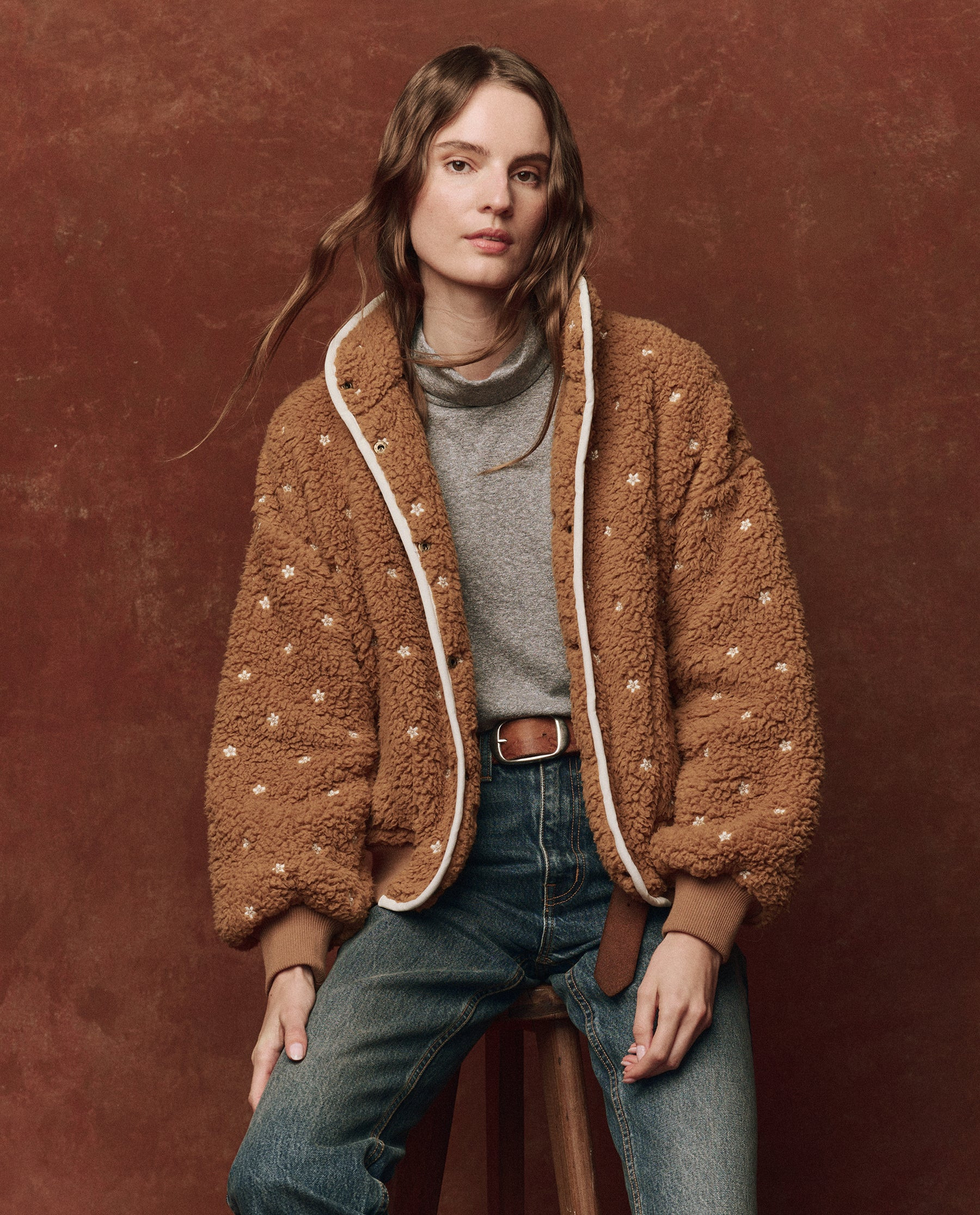 The Blackbird Jacket. -- Teddy with Cream Floral Embroidery | THE GREAT.