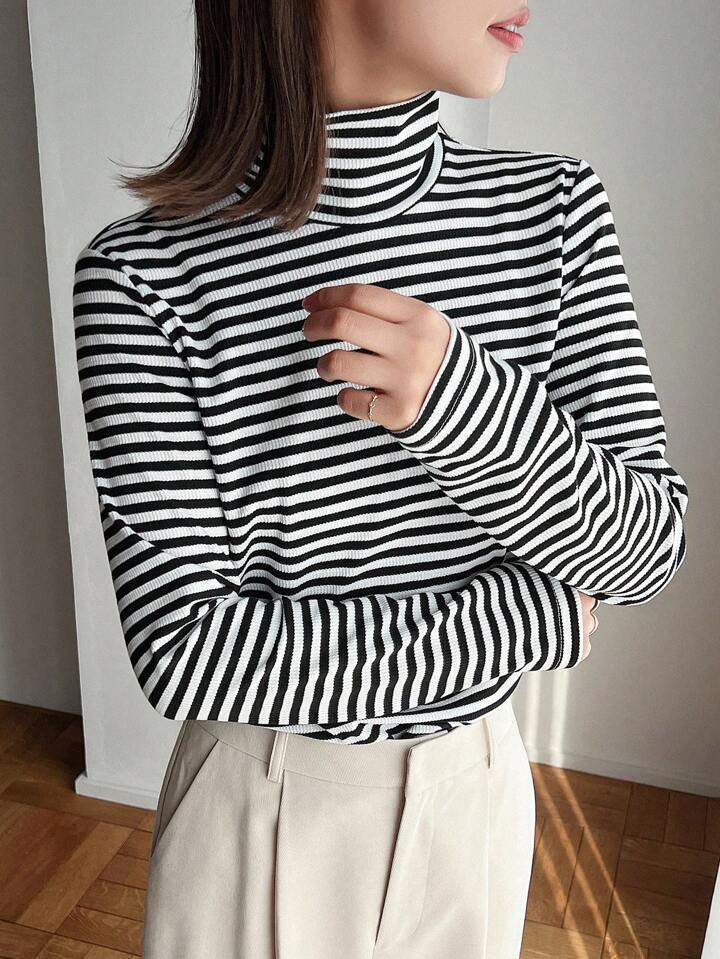 FRIFUL Striped Print High Neck Tee | SHEIN