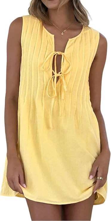 Womens Tie Front Mini Dress Summer Bow Sleeveless Pleated Casual Loose Babydoll Dresses | Amazon (US)