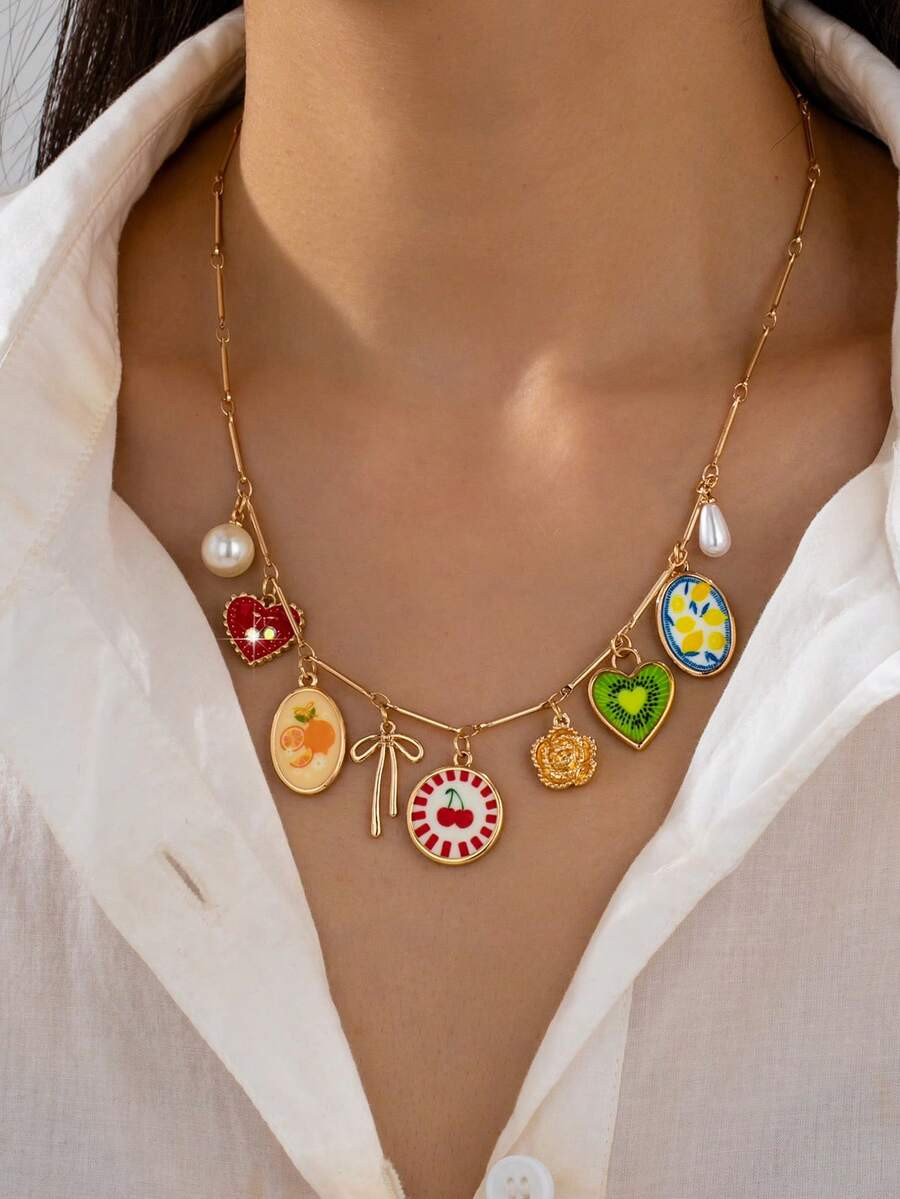 1 Pc Summer Fruit Charm Necklace For Women - Gold Plated Chain With Bow, Lemon, Heart & Cherry Ch... | SHEIN