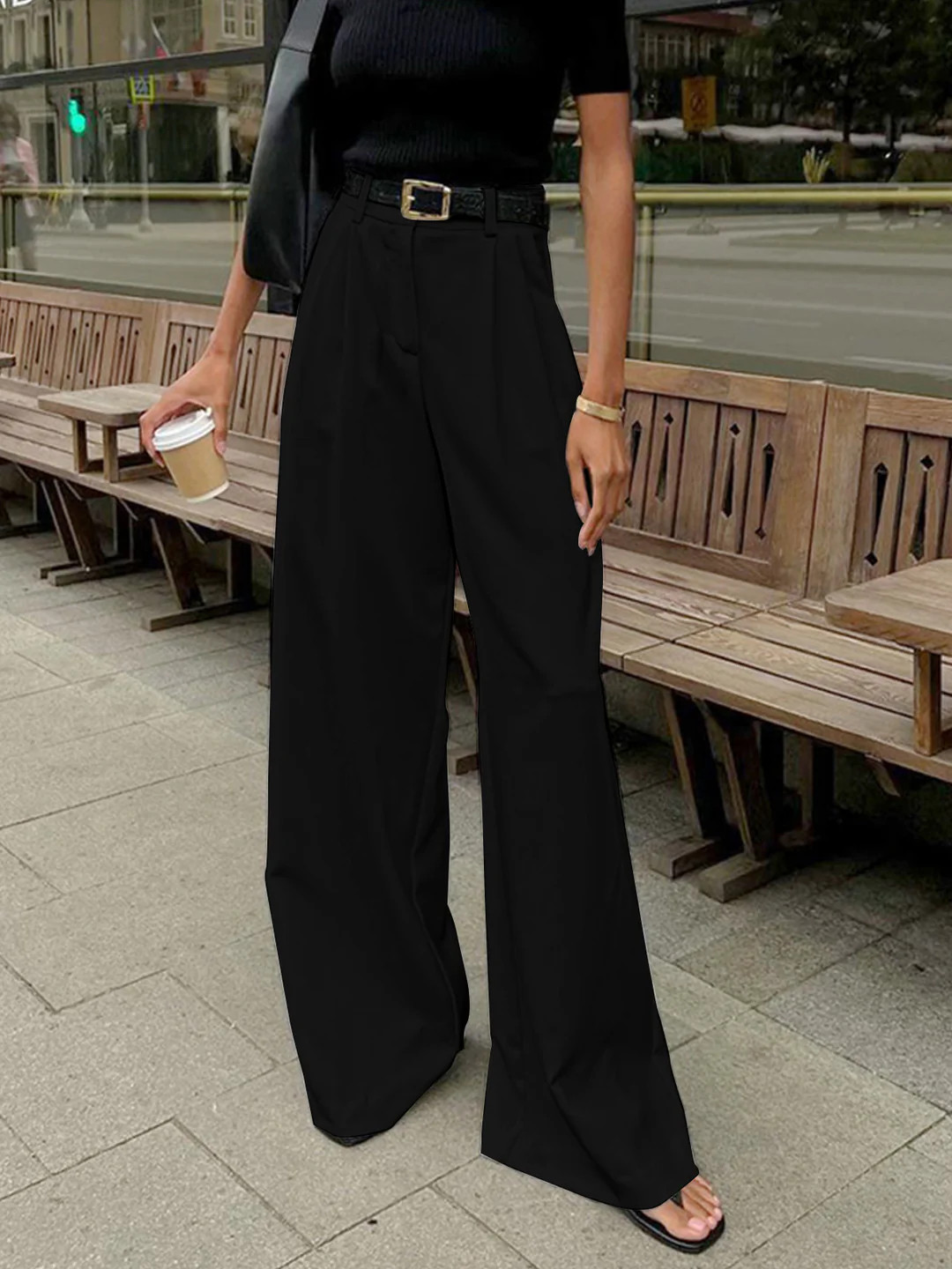 Solid Wide Leg Pants Without Belt | Commense